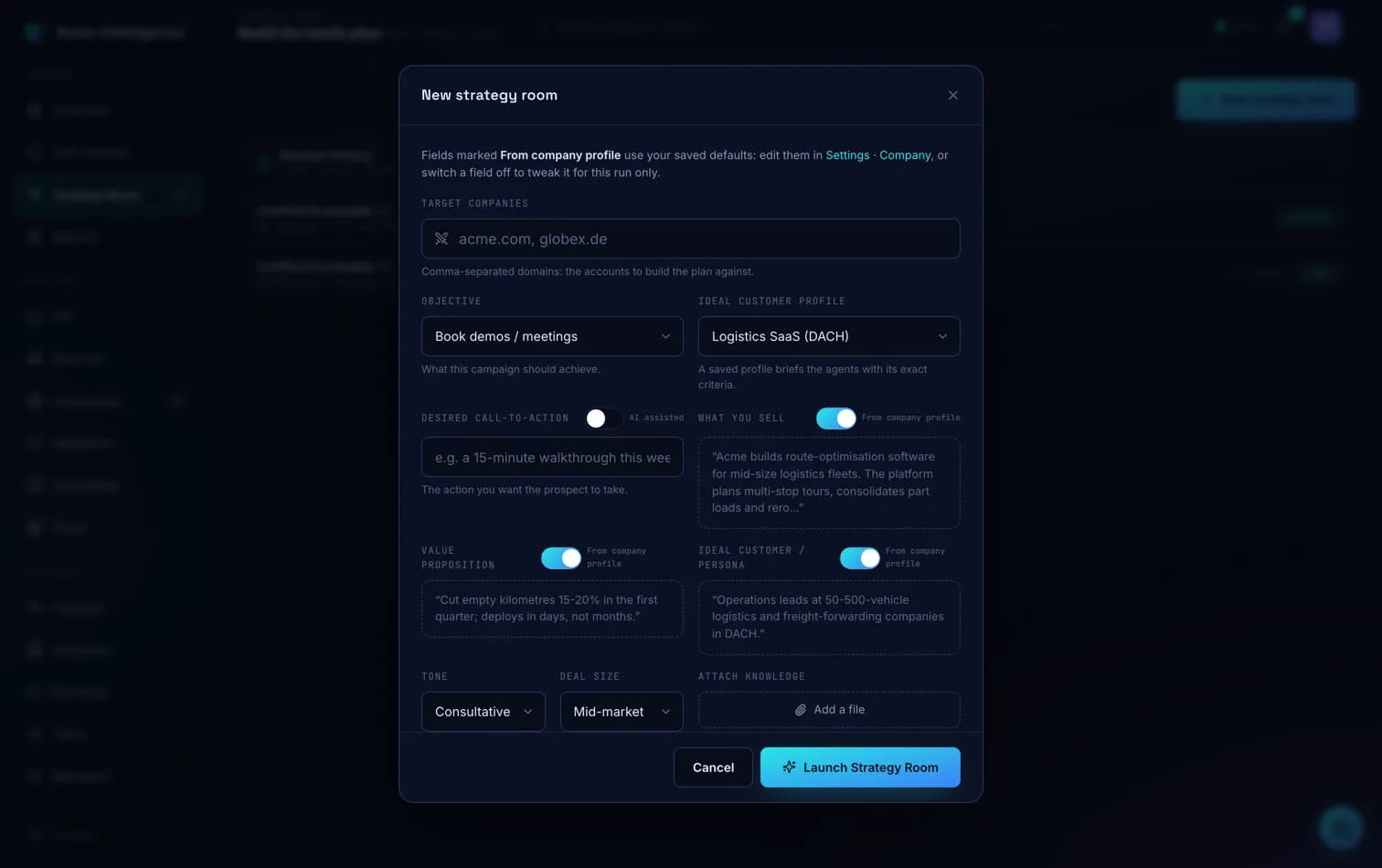 The Strategy Room launch dialog