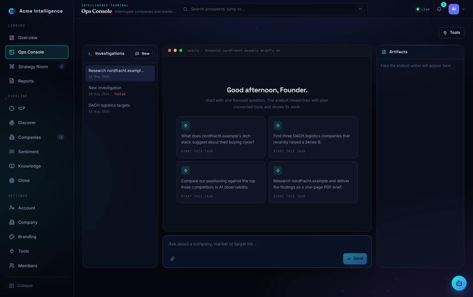 The Ops Console showing each tool call as it runs